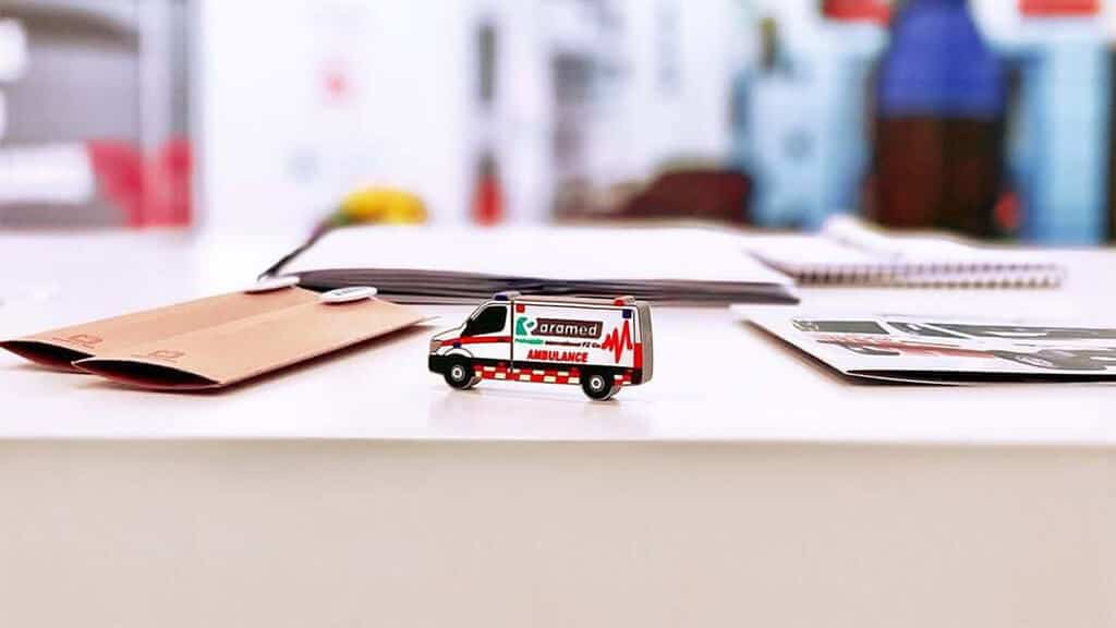Paramed ambulance model on a desk at Medica 2021 event.