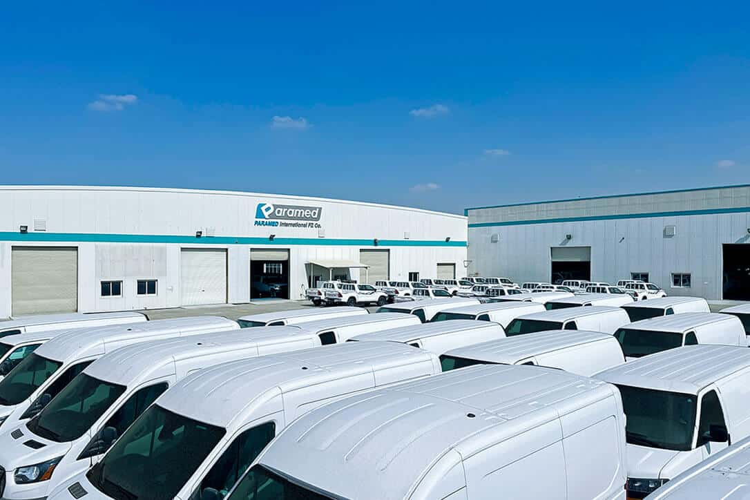 Custom fleet production line vehicles parked.