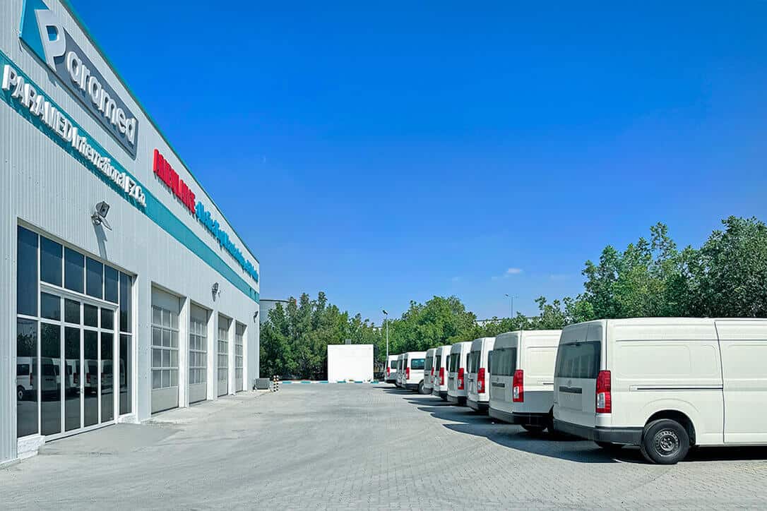 Completed Paramed vehicles in factory parking