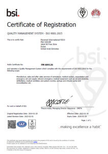 Certification of Registration for Paramed International FZCO in Dubai, UAE.